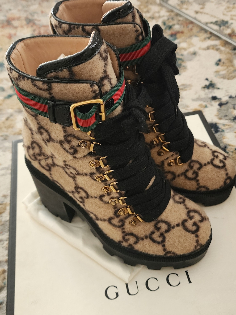 Gucci Beige Monogram Wool Lace-Up Ankle Boots